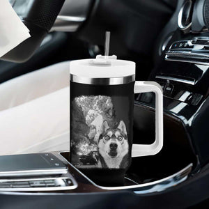 Funny Husky Chaos Tumbler With Handle Cool Dog Selfie With Burning Car TS12 Print Your Wear