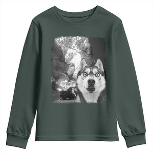 Funny Husky Chaos Youth Sweatshirt Cool Dog Selfie With Burning Car TS12 Dark Forest Green Print Your Wear