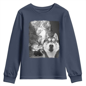 Funny Husky Chaos Youth Sweatshirt Cool Dog Selfie With Burning Car TS12 Navy Print Your Wear