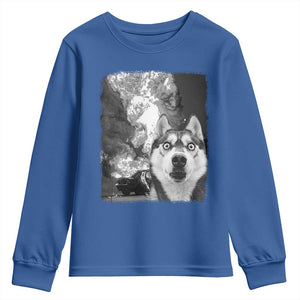 Funny Husky Chaos Youth Sweatshirt Cool Dog Selfie With Burning Car TS12 Royal Blue Print Your Wear