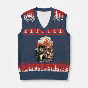 Funny Trouble Maker Cat V-Neck Knit Sweater Vest Cute Mischief Graphic Gift For Cat Lover TS12 Navy Red Print Your Wear