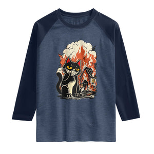 Funny Trouble Maker Cat Raglan Shirt Cute Mischief Graphic Gift For Cat Lover TS12 Heather Denim Navy Print Your Wear