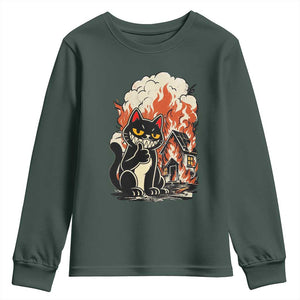 Funny Trouble Maker Cat Youth Sweatshirt Cute Mischief Graphic Gift For Cat Lover TS12 Dark Forest Green Print Your Wear