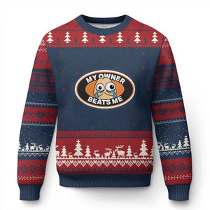 Humorous Dark Humor Ugly Christmas Sweater My Owner Beats Me TS12 Navy Red Print Your Wear