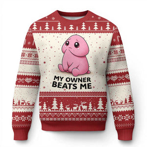 Funny Raunchy Meme My Owner Beats Me Ugly Christmas Sweater Sarcastic Adult Gag Gift TS12 Beige Red Print Your Wear