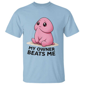 Funny Raunchy Meme My Owner Beats Me T Shirt Sarcastic Adult Gag Gift TS12 Light Blue Print Your Wear