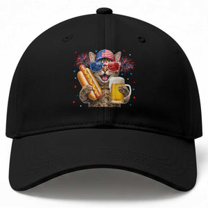 Beer And Hotdog Cat Baseball Cap Fourth Of July Celebration