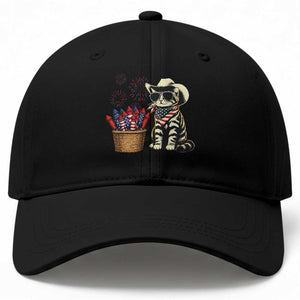 Patriotic Cowboy Cat Baseball Cap 4th Of July Fireworks Celebration