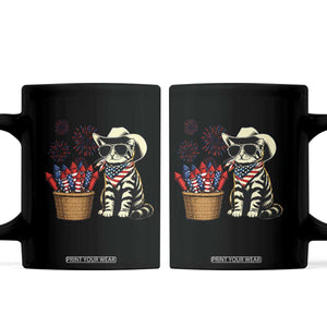 Patriotic Cowboy Cat Coffee Mug 4th Of July Fireworks Celebration