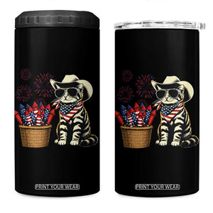 Patriotic Cowboy Cat 4 in 1 Can Cooler Tumbler 4th Of July Fireworks Celebration
