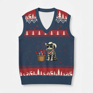 Patriotic Cowboy Cat V-Neck Knit Sweater Vest 4th Of July Fireworks Celebration