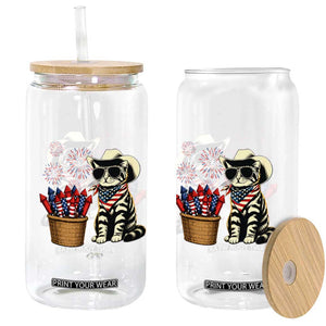 Patriotic Cowboy Cat Glass Can 4th Of July Fireworks Celebration