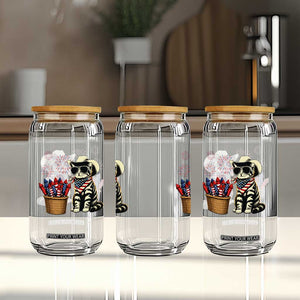 Patriotic Cowboy Cat Glass Can 4th Of July Fireworks Celebration