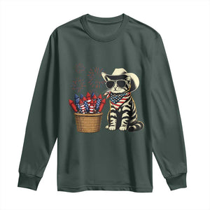 Patriotic Cowboy Cat Long Sleeve Shirt 4th Of July Fireworks Celebration