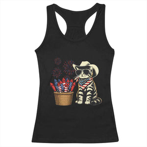 Patriotic Cowboy Cat Racerback Tank Top 4th Of July Fireworks Celebration