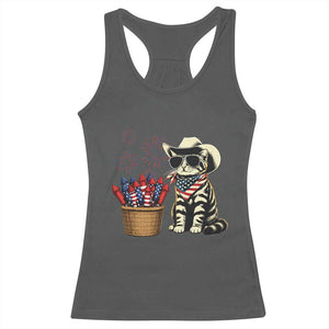 Patriotic Cowboy Cat Racerback Tank Top 4th Of July Fireworks Celebration