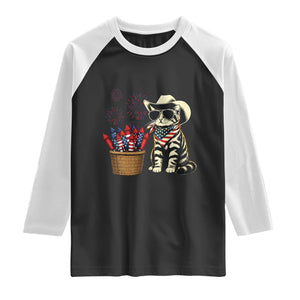 Patriotic Cowboy Cat Raglan Shirt 4th Of July Fireworks Celebration