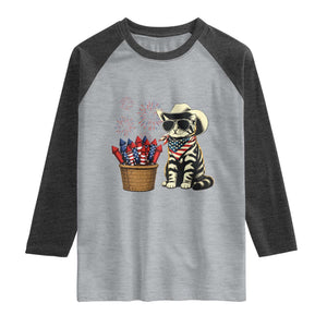 Patriotic Cowboy Cat Raglan Shirt 4th Of July Fireworks Celebration