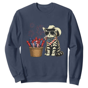 Patriotic Cowboy Cat Sweatshirt 4th Of July Fireworks Celebration