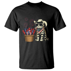 Patriotic Cowboy Cat T Shirt 4th Of July Fireworks Celebration