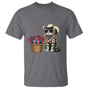 Patriotic Cowboy Cat T Shirt 4th Of July Fireworks Celebration