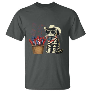 Patriotic Cowboy Cat T Shirt 4th Of July Fireworks Celebration