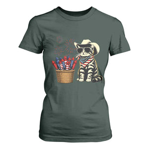 Patriotic Cowboy Cat T Shirt For Women 4th Of July Fireworks Celebration