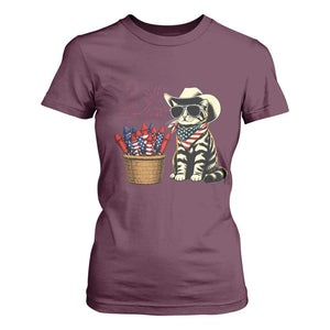 Patriotic Cowboy Cat T Shirt For Women 4th Of July Fireworks Celebration