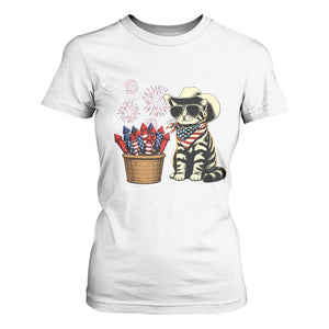Patriotic Cowboy Cat T Shirt For Women 4th Of July Fireworks Celebration