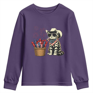 Patriotic Cowboy Cat Youth Sweatshirt 4th Of July Fireworks Celebration