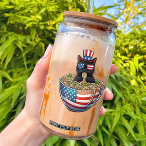 Funny Black Cats Eat Ramen Glass Can American Flag 4th Of July