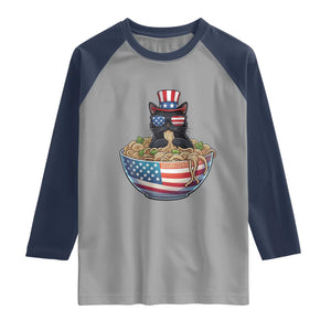 Funny Black Cats Eat Ramen Raglan Shirt American Flag 4th Of July