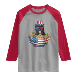 Funny Black Cats Eat Ramen Raglan Shirt American Flag 4th Of July