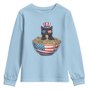 Funny Black Cats Eat Ramen Youth Sweatshirt American Flag 4th Of July