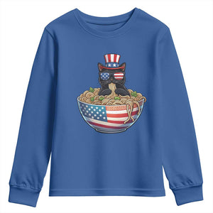 Funny Black Cats Eat Ramen Youth Sweatshirt American Flag 4th Of July