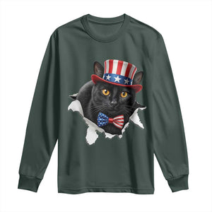 Funny Black Cat With Uncle Sam Hat Long Sleeve Shirt Patriotic Pet Lover