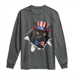 Funny Black Cat With Uncle Sam Hat Long Sleeve Shirt Patriotic Pet Lover