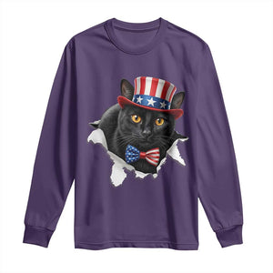 Funny Black Cat With Uncle Sam Hat Long Sleeve Shirt Patriotic Pet Lover