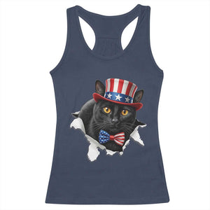 Funny Black Cat With Uncle Sam Hat Racerback Tank Top Patriotic Pet Lover