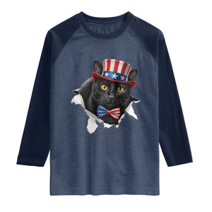 Funny Black Cat With Uncle Sam Hat Raglan Shirt Patriotic Pet Lover