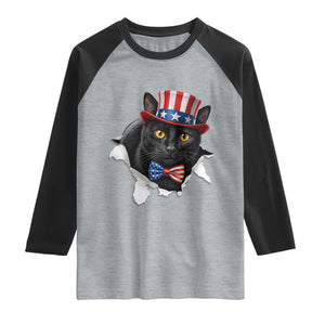Funny Black Cat With Uncle Sam Hat Raglan Shirt Patriotic Pet Lover