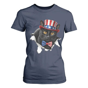 Funny Black Cat With Uncle Sam Hat T Shirt For Women Patriotic Pet Lover
