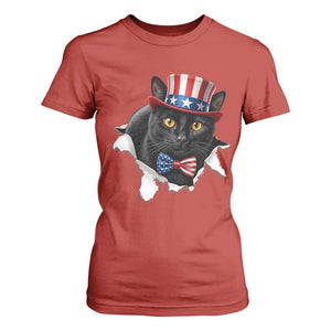 Funny Black Cat With Uncle Sam Hat T Shirt For Women Patriotic Pet Lover