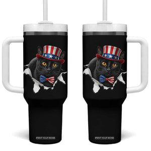 Funny Black Cat With Uncle Sam Hat Tumbler With Handle Patriotic Pet Lover