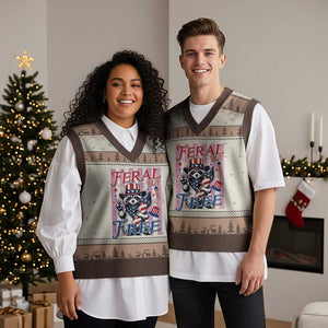 Funny Fourth Of July Raccoon V-Neck Knit Sweater Vest Feral But Free