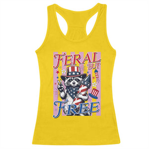 Funny Fourth Of July Raccoon Racerback Tank Top Feral But Free