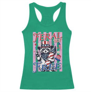 Funny Fourth Of July Raccoon Racerback Tank Top Feral But Free