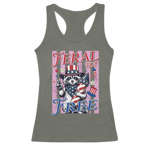 Funny Fourth Of July Raccoon Racerback Tank Top Feral But Free