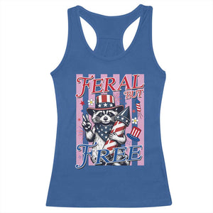 Funny Fourth Of July Raccoon Racerback Tank Top Feral But Free