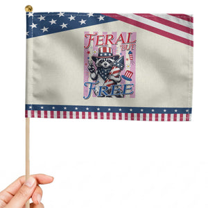 Funny Fourth Of July Raccoon Patriotic Handheld Flag Feral But Free TS12 Modern 8.2" × 5.5" Beige Blue Print Your Wear